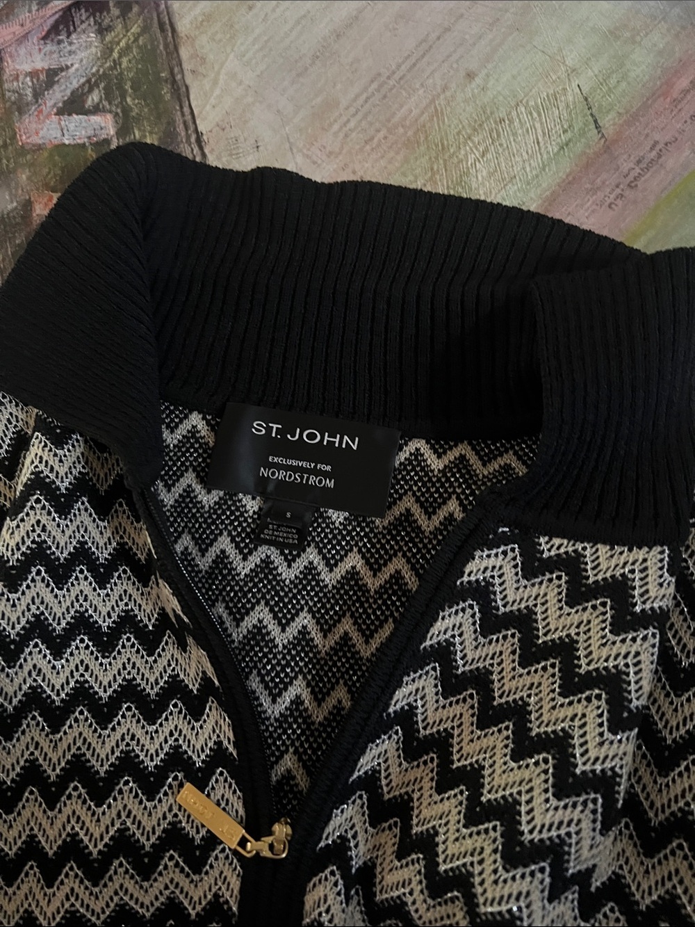 St John Nordstrom Black & White Zigzag Zip-Front Knit Jacket - Picture 6 of 12